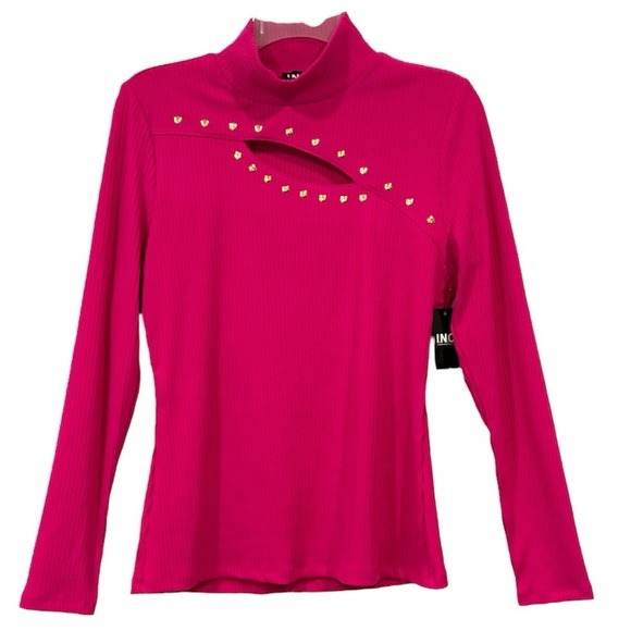 INC International Concepts Women Gold Stud Cut Out Mock‎ Neck Top Pink Medium - Picture 3 of 8